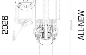Dibujo técnico de ingeniería de un componente mecánico con las piezas internas visibles, con amortiguadores FOX para ajuste y control, etiquetados "2026" a la izquierda y "ALL-NEW" a la derecha.