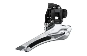 Un desviador Shimano Tiagra R4000 para una bicicleta, con un diseño metálico plateado y negro con marca visible y componentes de ajuste.