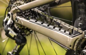 Primer plano del cambio trasero, la cadena y la zona de la vaina trasera de una bicicleta eléctrica de montaña (e-MTB) FOCUS, en el que se aprecian los detalles de los piñones y la protección contra un fondo verde difuminado.