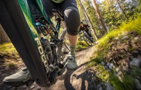 Primer plano de dos ciclistas montados en bicicletas de montaña de la gama Gama FOCUS e-MTB 2027 en un sendero forestal, con especial atención al cuadro de la bicicleta, las piernas y el movimiento dinámico.