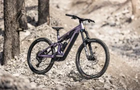 Una bicicleta de montaña de suspensión total de color morado, que recuerda a la innovadora Gama FOCUS e-MTB 2027, se encuentra sobre un terreno rocoso cerca de unos troncos, a la luz del día.