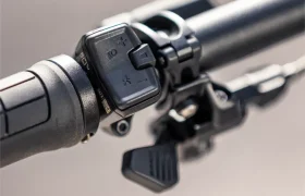 Primer plano del manillar de una bicicleta eléctrica de montaña (e-MTB) JAM 2027 de color negro, con un interruptor de control electrónico y una palanca de cambios incorporados.
