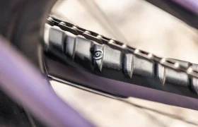 Primer plano de la vaina trasera de una bicicleta eléctrica de montaña (e-MTB) FOCUS, con un protector negro y un tramo de la cadena de la bicicleta visible por encima, lo que pone de relieve la atención al detalle que caracterizan a los modelos SAM y JAM.