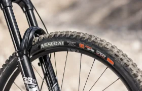 Primer plano de la rueda delantera de una bicicleta de montaña en el que se aprecia un neumático Maxxis Assegai con la marca, el dibujo de la banda de rodadura y los detalles de la horquilla bien visibles; ideal para las series FOCUS e-MTB o JAM. El fondo está desenfocado y es de color claro.