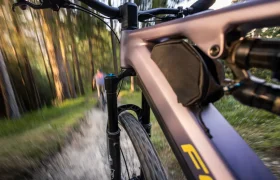 Primer plano de una bicicleta eléctrica de montaña (e-MTB) de la marca FOCUS en movimiento por un sendero forestal, con otro ciclista al fondo y los árboles difuminados por el movimiento.