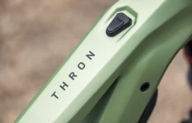 Primer plano del cuadro de una bicicleta de color verde mate de la gama FOCUS e-MTB, con la palabra «THRON» impresa en letras negras y un botón o tapa de goma negra en el tubo superior.