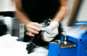 Una persona que lleva guantes trabaja con una herramienta sobre un objeto negro cerca de un tornillo de banco azul; el desenfoque de movimiento muestra los rápidos movimientos de la mano.