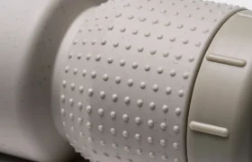 Primer plano de un objeto cilíndrico de color gris claro y con textura —concretamente, el bidón antimicrobiano «Fabric Gripper V2»— con una zona de agarre cubierta de pequeñas protuberancias y un tapón liso en el extremo.