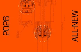 Dibujo técnico de un componente mecánico sobre fondo naranja, con las letras "2026" y "ALL-NEW" en negro, para destacar la innovación de nueva generación.