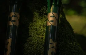 Primer plano de una horquilla de suspensión de bicicleta FOX 38 Racing Green Edición Limitada apoyada en un árbol cubierto de musgo en un entorno forestal sereno.