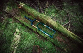 Una horquilla de suspensión FOX 38 Racing Green Edición Limitada con un llamativo acabado verde y dorado descansa sobre un tronco cubierto de musgo en un apacible entorno forestal.
