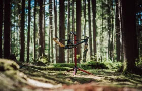 Un cuadro de bicicleta parcialmente montado sobre un soporte de reparación en un bosque denso e iluminado por el sol con árboles altos y suelo musgoso, con componentes FOX 38 Racing Green para darle un toque único.