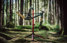 Un cuadro de bicicleta de montaña parcialmente montado con una horquilla FOX 38 Racing Green montada en un soporte de reparación en un entorno de bosque musgoso, con altos árboles alzándose al fondo.