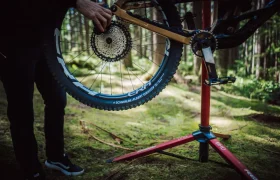 Una persona ajusta el cambio trasero de una bicicleta de montaña con horquilla FOX 38 Racing Green, montada sobre un caballete de reparación rojo en un entorno forestal.