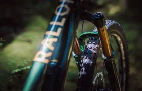 Primer plano de la rueda delantera y la horquilla de una bicicleta de montaña, con la palabra "RALLY" en el cuadro y la horquilla distintiva FOX 38 Racing Green, sobre un fondo borroso al aire libre.