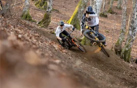 Dos ciclistas de montaña recorren un sendero forestal; uno se inclina en una curva mientras el otro, haciendo gala de un auténtico Factor X, levanta la rueda delantera del suelo con ayuda de los amortiguadores de alto rendimiento FOX.