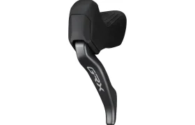 Se muestra una única palanca de cambio y freno de bicicleta Shimano GRX negra sobre fondo blanco.