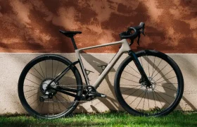 Una bicicleta de carretera gris con neumáticos negros está aparcada sobre la hierba, frente a una pared de estuco de color marrón rojizo con textura, a la luz del sol.