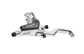 Una palanca de freno de bicicleta TRP EVO PRO 2.3 en color plateado y negro, con abrazadera de montaje y tornillos de ajuste, mostrada sobre un fondo blanco. Edición limitada disponible únicamente en la Península Ibérica.