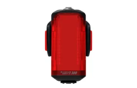 Luz trasera de bicicleta roja y negra con la inscripción "LEZYNE DRIVE 300" impresa en la parte inferior delantera, compatible con el sistema Lezyne Radar React, sobre fondo blanco.