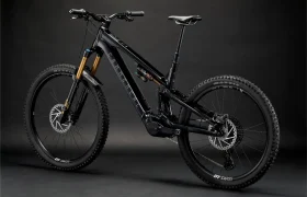 Una bicicleta de montaña M2S negra de suspensión total con neumáticos anchos y frenos de disco se muestra sobre un fondo oscuro.