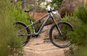 Una bicicleta de montaña gris, con suspensión total y neumáticos gruesos, se encuentra en un sendero de tierra rodeado de matorrales verdes y rocas, en una zona boscosa.