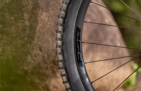 Primer plano de una rueda de bicicleta de montaña y su llanta frente a una gran roca, en el que se aprecia el dibujo de la banda de rodadura y parte de la llanta negra con un logotipo visible.
