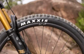 Primer plano de la rueda delantera de una bicicleta de montaña con un neumático Maxxis, radios negros y una horquilla de suspensión dorada, situada frente a una gran roca al aire libre.