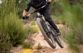 Una persona vestida de negro va en bicicleta de montaña por un camino fuera de pista, levantando la rueda delantera sobre un sendero de tierra rodeado de arbustos y plantas verdes.