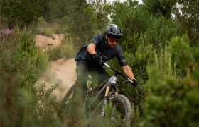 Una persona que lleva casco y gafas de sol baja en bicicleta de montaña por un sendero de tierra rodeado de arbustos verdes y árboles.