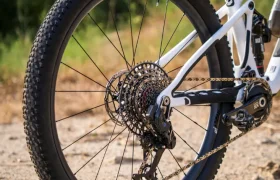 Primer plano de la rueda trasera y el sistema de cambios de una bicicleta de montaña equipada con ruedas FSA KFX i30 en un camino de tierra, con vegetación al fondo, que destaca el control total en cada recorrido.