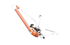 El dispositivo mecánico naranja y blanco UNNO MITH cuenta con un brazo largo y ruedas pequeñas, lo que lo hace ideal para tareas de construcción o maquinaria.