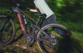 Persona empujando una bicicleta de montaña Santa Cruz Vala AL cuesta arriba por un sendero forestal, con desenfoque de movimiento que enfatiza el movimiento a través de la vegetación y muestra la resistencia de su cuadro de aluminio.