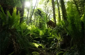 Un ciclista de montaña se lanza desde una rampa de madera en un bosque denso e iluminado por el sol, conduciendo la ágil Santa Cruz Vala AL con su duradero cuadro de aluminio entre helechos y rocas cubiertas de musgo.