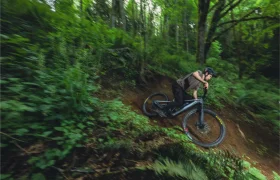 Una persona con casco conduce una bicicleta de montaña Santa Cruz Vala AL con cuadro ligero de aluminio por un sendero de tierra a través de un bosque denso y verde.