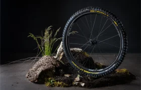 Una rueda de bicicleta de montaña con neumáticos Pirelli Scorpion MTB se yergue sobre tierra y musgo, rodeada de hierba y corteza, con un fondo oscuro como telón de fondo.