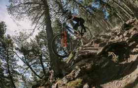 Con un casco integral POC Barocon Carbon, una persona desciende en bicicleta de montaña por un terreno irregular y cubierto de raíces en un bosque bañado por los rayos del sol.