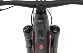 Vista superior en primer plano del manillar y la horquilla delantera de una bicicleta Rotwild R.EXC, con una pantalla digital que muestra datos y ajustes de la ruta, lista para competir, sobre un fondo blanco.