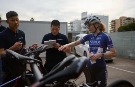 Un ciclista con casco habla con dos hombres junto a unas bicicletas aparcadas al aire libre; su atención se centra momentáneamente en un conjunto de bicicletas equipadas con ruedas Shimano Dura-Ace. Uno de los hombres escribe en un portapapeles, mientras que el otro observa. Al fondo se ven algunos edificios.