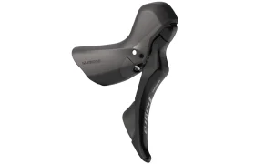 Se muestra una palanca de cambio y freno negra Shimano Tiagra R4000 para bicicletas de carretera sobre un fondo blanco.