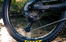 Primer plano de la rueda trasera de una bicicleta de montaña con cambio mecánico Shimano DEORE XT M8200, cassette, cadena y neumático MAXXIS, colocada al aire libre cerca del agua; diseñada para una larga vida útil del cable y un cambio de marchas fiable.