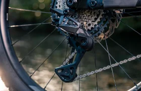 Primer plano de la rueda trasera de una bicicleta de montaña, en el que se aprecian el cambio mecánico Shimano DEORE XT M8200, el cassette con todo detalle, la cadena y el neumático Maxxis, con un fondo al aire libre difuminado.