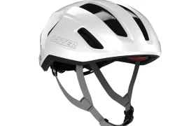 Casco de bicicleta Casco Lazer Sphere Kineticore blanco con orificios de ventilación negros y correas ajustables grises.