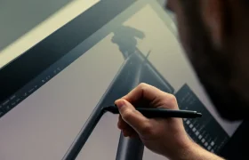 Una persona usa un lápiz digital para dibujar en la pantalla de una tableta, elaborando meticulosamente cada detalle del diseño del cuadro de la bicicleta UNNO MITH.