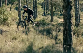 Una persona que lleva casco conduce una bicicleta de montaña UNNO MITH a través de una zona boscosa con árboles dispersos y hierba alta.