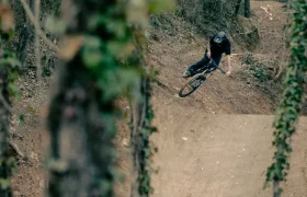 Una persona con casco realiza un truco con destreza en su bicicleta de montaña UNNO MITH, recorriendo con gracia un sendero de tierra a través de una zona forestal, con imponentes árboles en primer plano.
