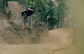 Una persona que lleva casco realiza un emocionante salto en una bicicleta de montaña UNNO MITH a lo largo de un sendero boscoso.