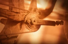 Primer plano de un juego de bielas y una cadena de bicicleta cubiertos de suciedad.