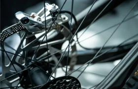Primer plano de una rueda de bicicleta equipada con el sistema de frenos de disco TRP EVO PRO Anniversary Edition, en el que se aprecian los radios, la pinza de freno y parte del cassette, en una edición limitada exclusiva para la Península Ibérica.