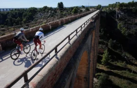 Dos ciclistas circulan por un estrecho puente elevado rodeados de vegetación, disfrutando del confort inteligente y de la evolución real de la marcha ASSOS MILLE GT S11 bajo un cielo despejado.